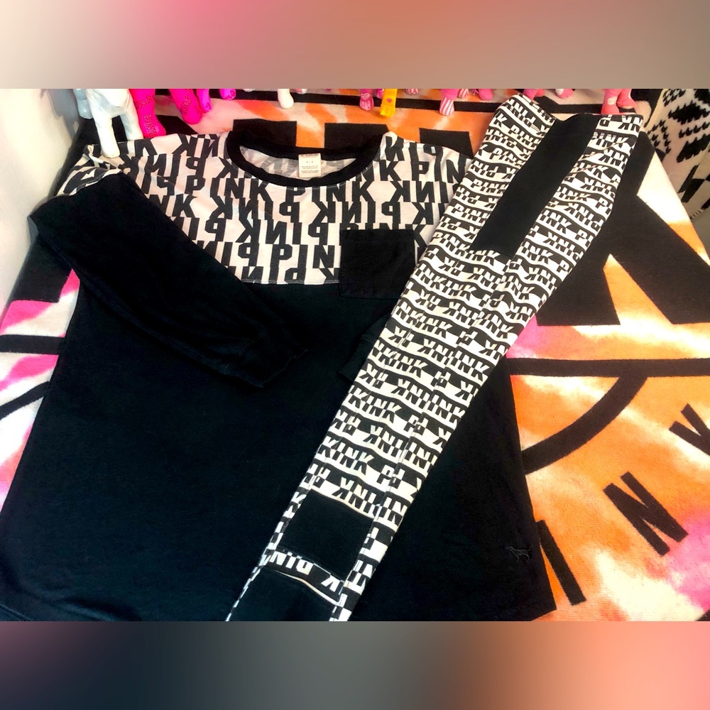 Pink Victoria Secret Black and White Logo Print Top and Matching Yoga Leggings